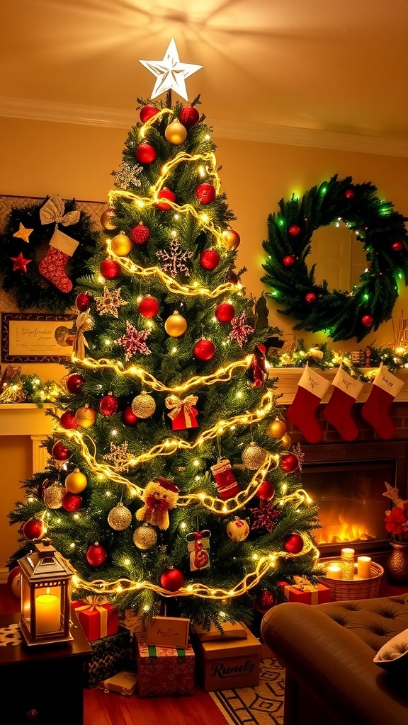 A festive living room with a decorated Christmas tree, stockings on the mantel, and holiday decorations.
